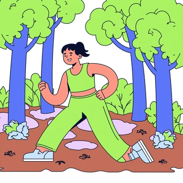 A person performing lunges in a dense forest. The individual is wearing a bright green athletic outfit. Surrounding them are tall trees with lush green foliage, filtering sunlight onto the forest floor. The ground is covered with brown leaves and patches of grass. In the background, there are various plants and small shrubs adding to the natural scenery. The person has an expression of concentration and enjoyment as they engage in their exercise.