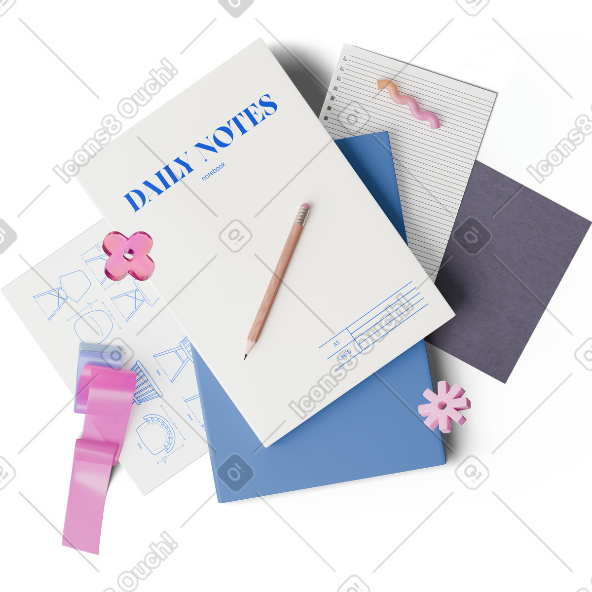 Top view of notebooks and geometric figures illustrazione in stile 3D Hygge scarica in PNG, SVG