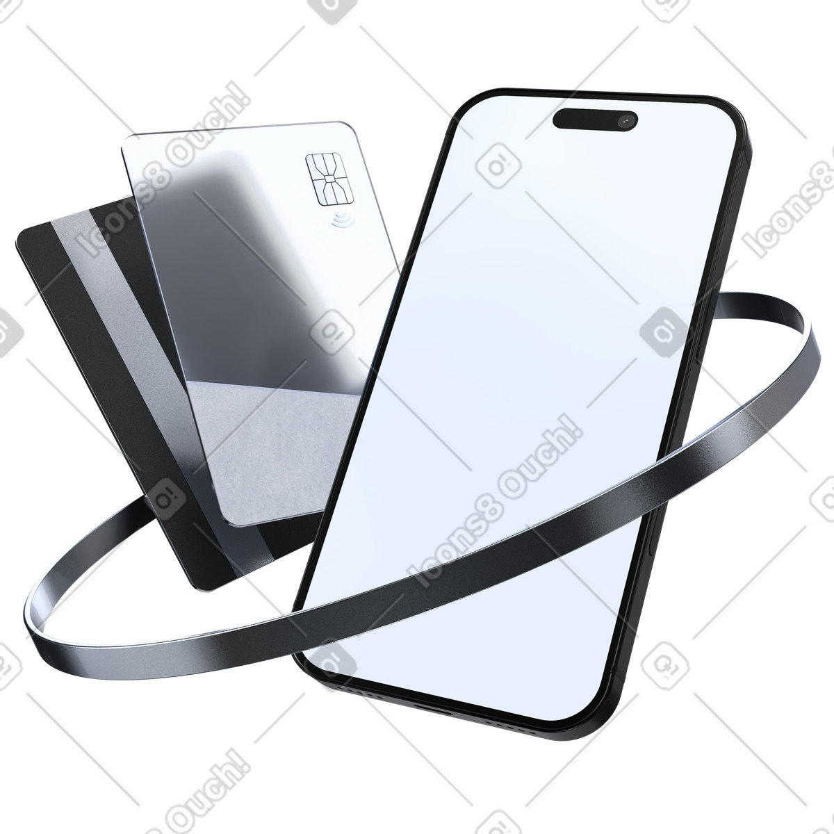 Smartphone with credit cards and metal ring, secure digital transactions and card management illustration in PNG, SVG