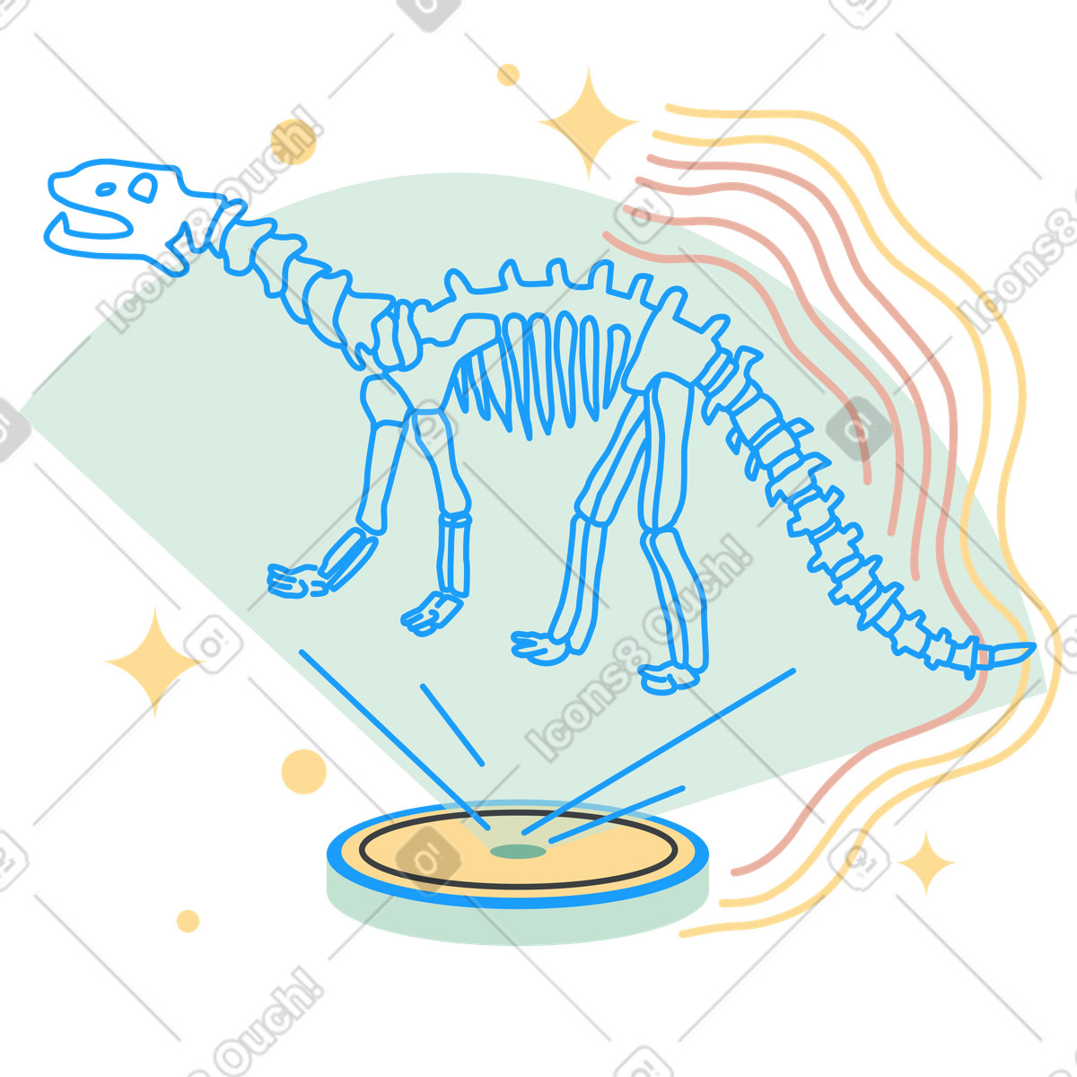 Projected dinosaur bones on platform, Interactive scientific presentation illustration in Kiddo style download in PNG, SVG