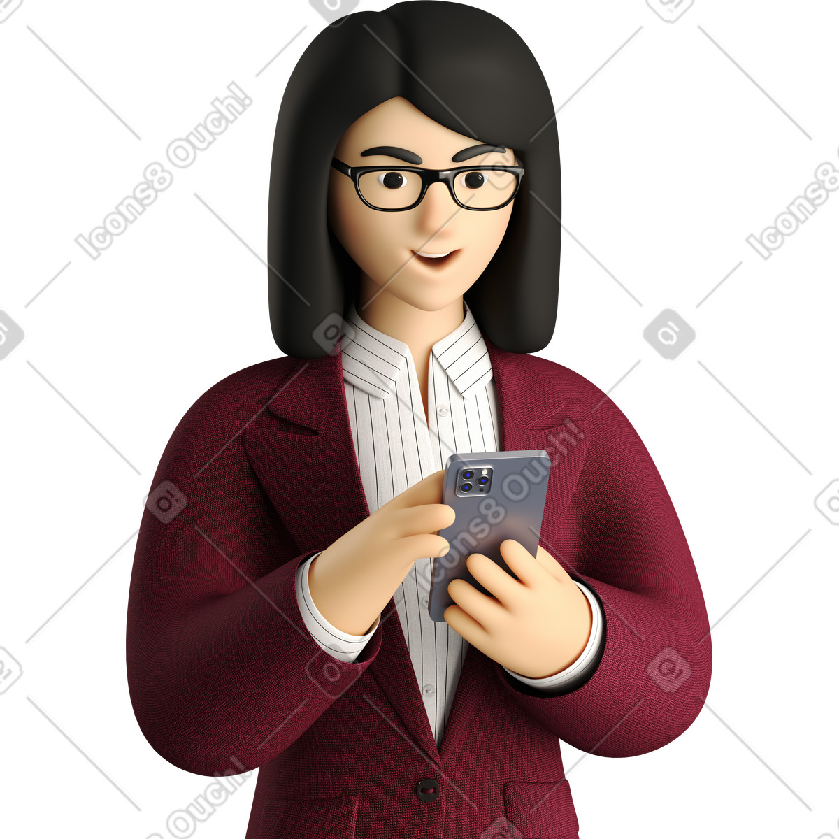 Illustration Businesswoman in red suit looking at phone dans le style 3D Business à télécharger aux formats PNG, SVG