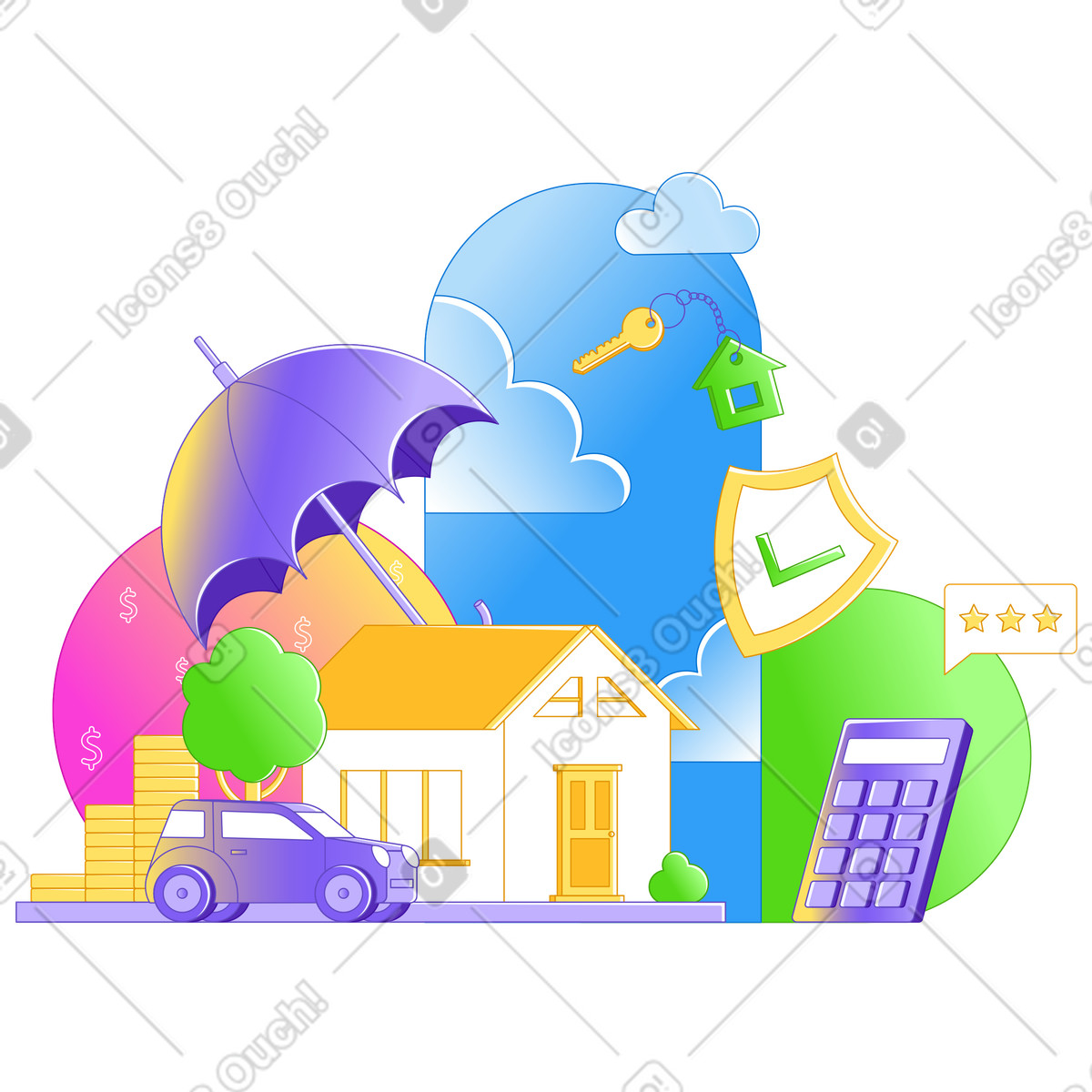 Real estate and car insurance illustration in Rainbow style download in PNG, SVG