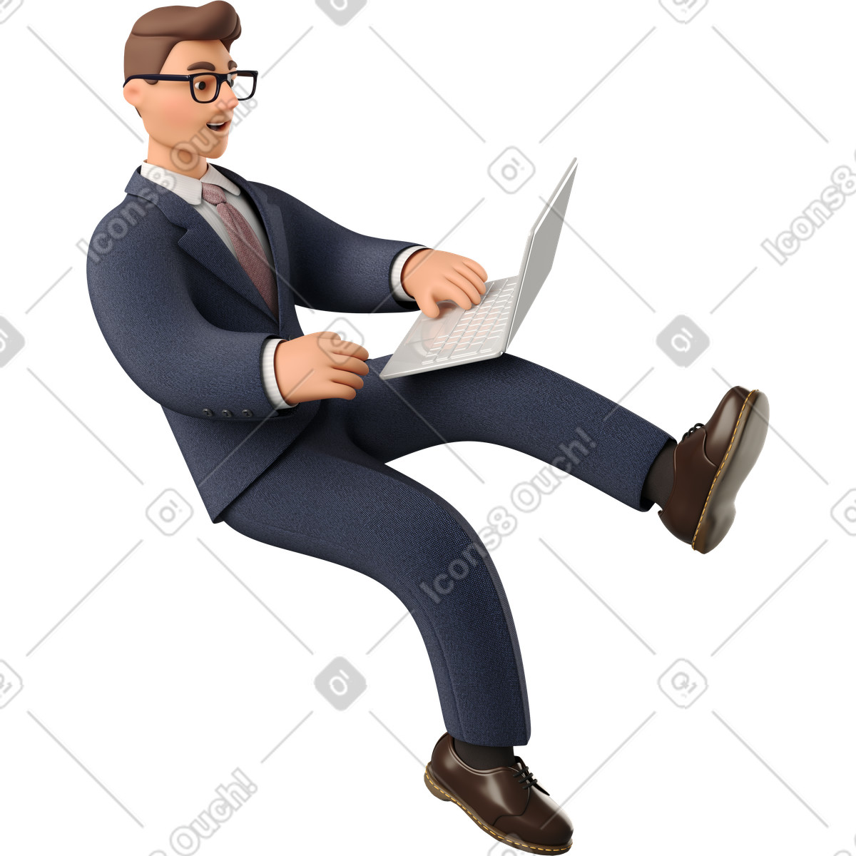 Uomo d'affari seduto in abito blu scuro con laptop illustrazione stile 3D Business scarica PNG, SVG