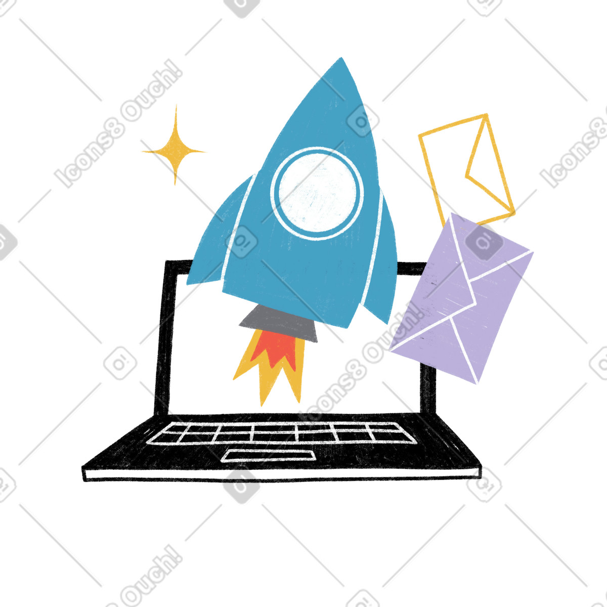 Ilustración Envío de correo electrónico a la velocidad un cohete en estilo Tutti descargar en PNG y SVG