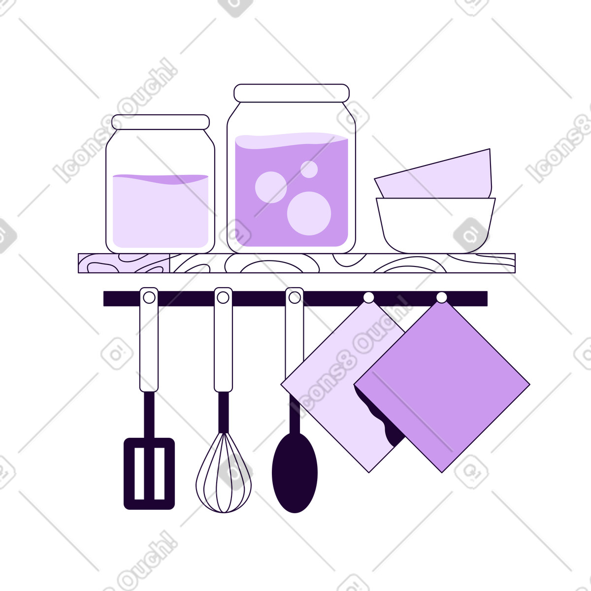 Shelf with jars and plates, kitchen utensils napkins illustration in Martina style download in PNG, SVG