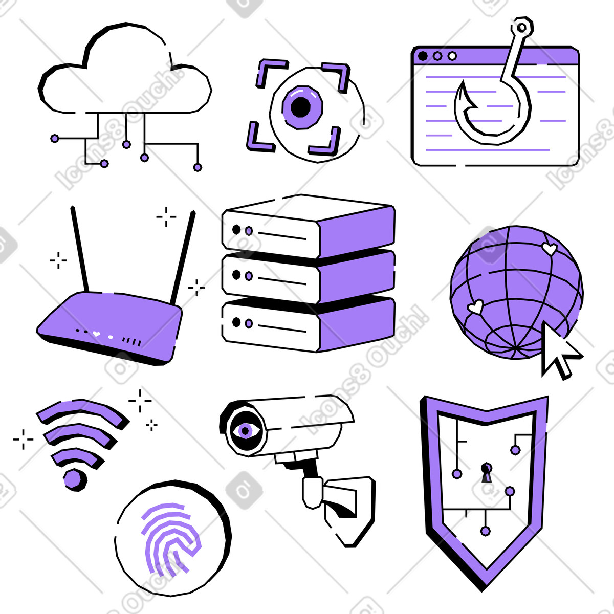 Digital technology and internet security icons, online privacy network safety illustration in Amethyst style download in PNG, SVG