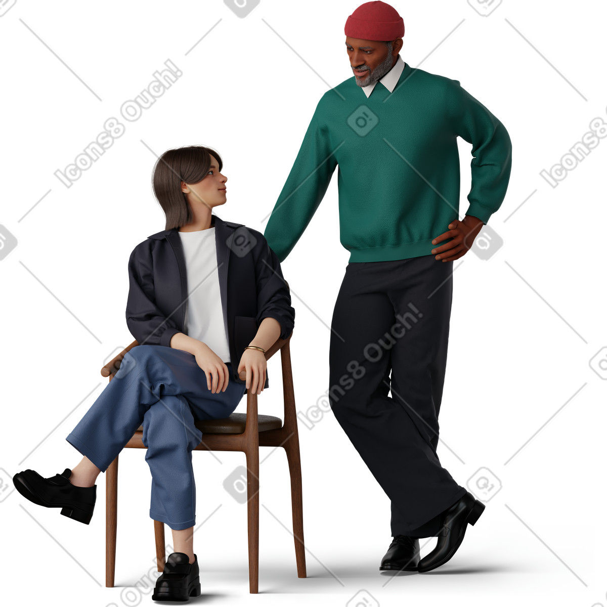 Illustration Homme s'appuyant sur une chaise et parlant à jeune femme dans le style 3D Hygge télécharger aux formats PNG, SVG