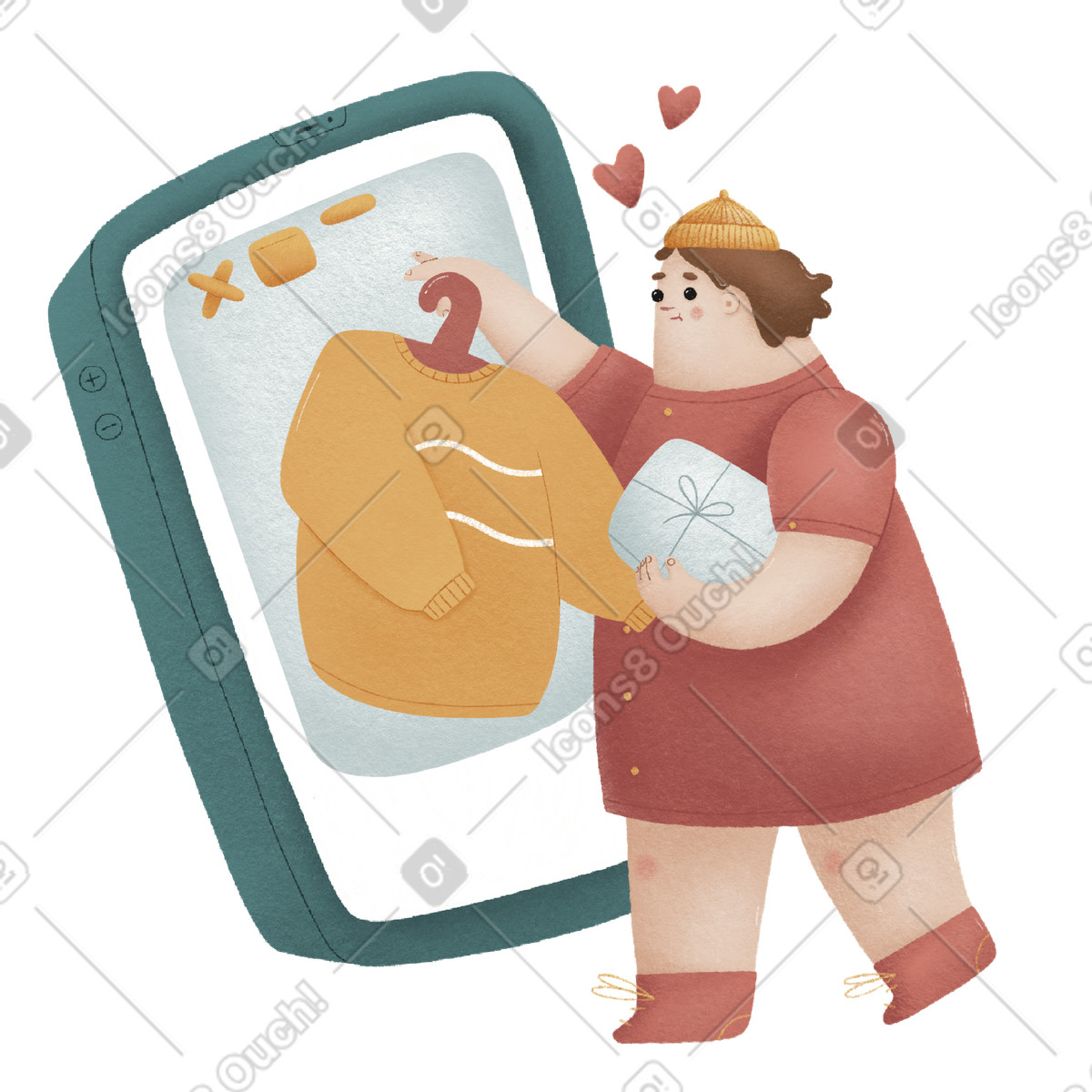 Woolly 스타일의 온라인으로 노란 스웨터를 사는 빨간 드레스를 입은 여자 일러스트레이션 PNG, SVG 다운로드