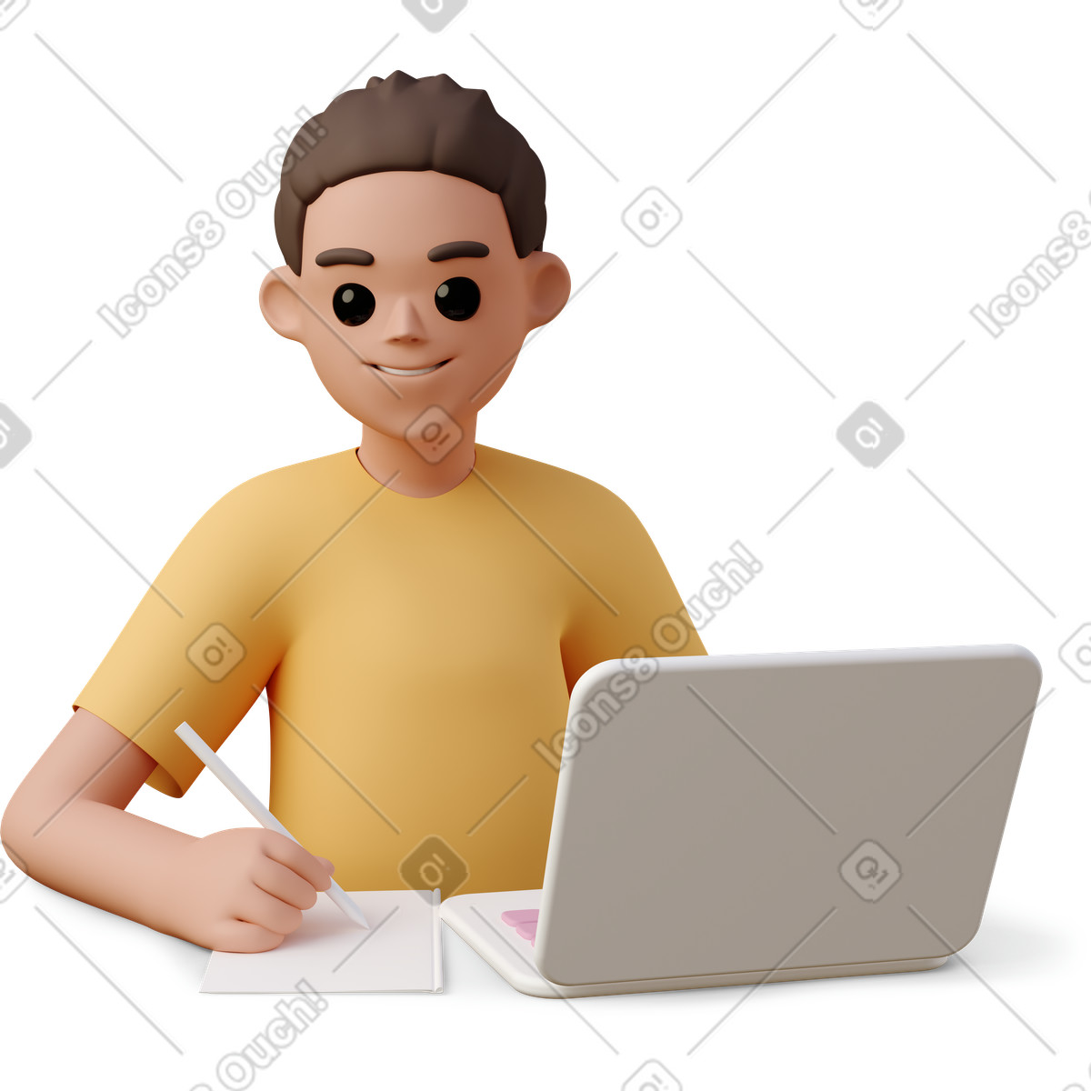 3D Casual life 스타일의 Young woman sitting in front of laptop and writing notes 일러스트레이션 PNG, SVG 다운로드