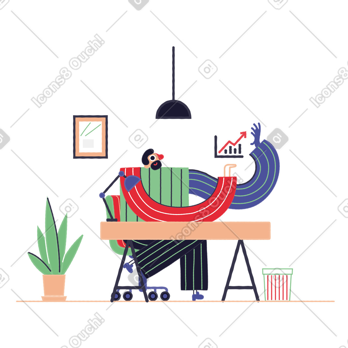 Stripy スタイルの 経済成長を示すグラフを持つ男性 のイラストをPNG、SVG形式でダウンロード