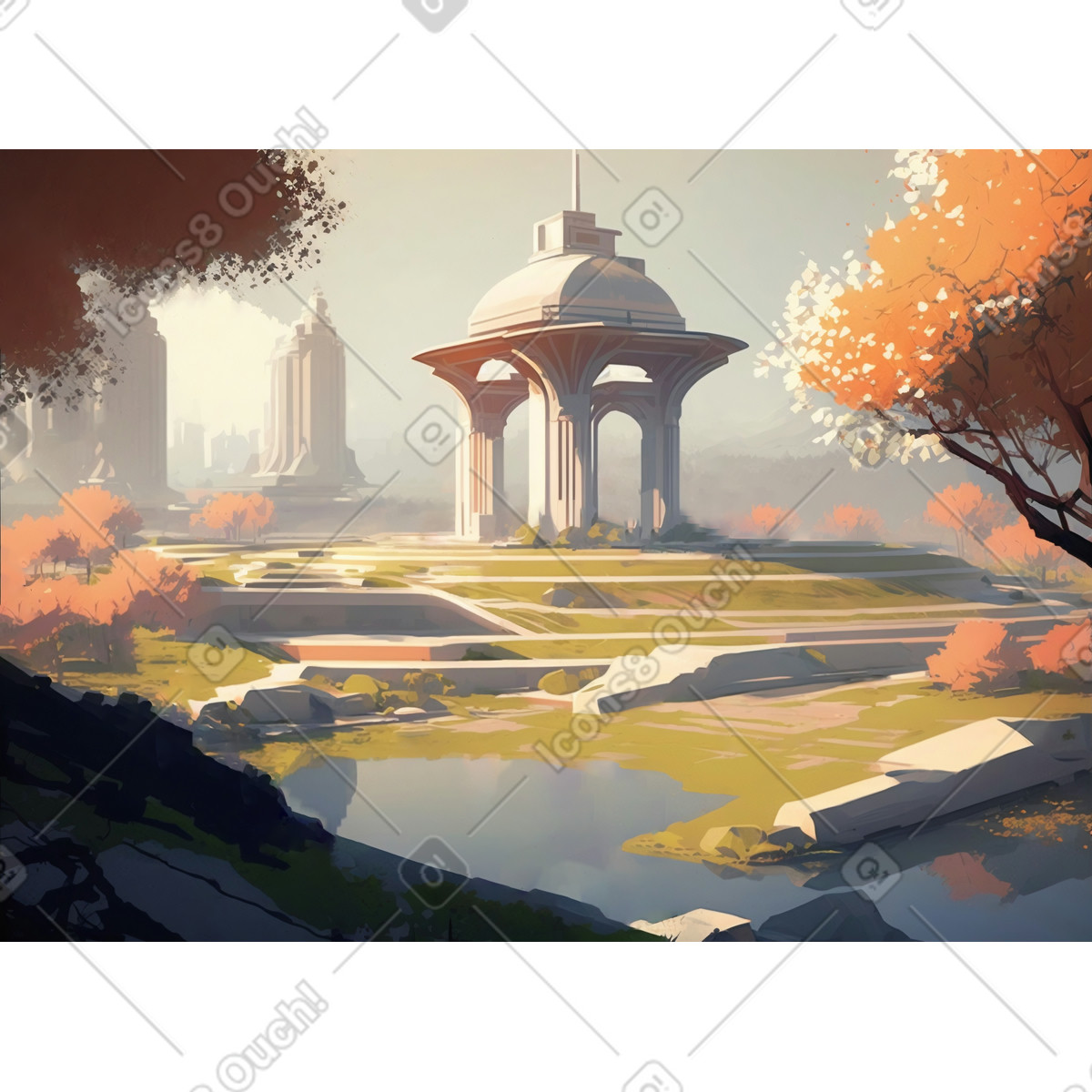 Spring park in the retrofuturistic city background illustration Experimental style download PNG, SVG