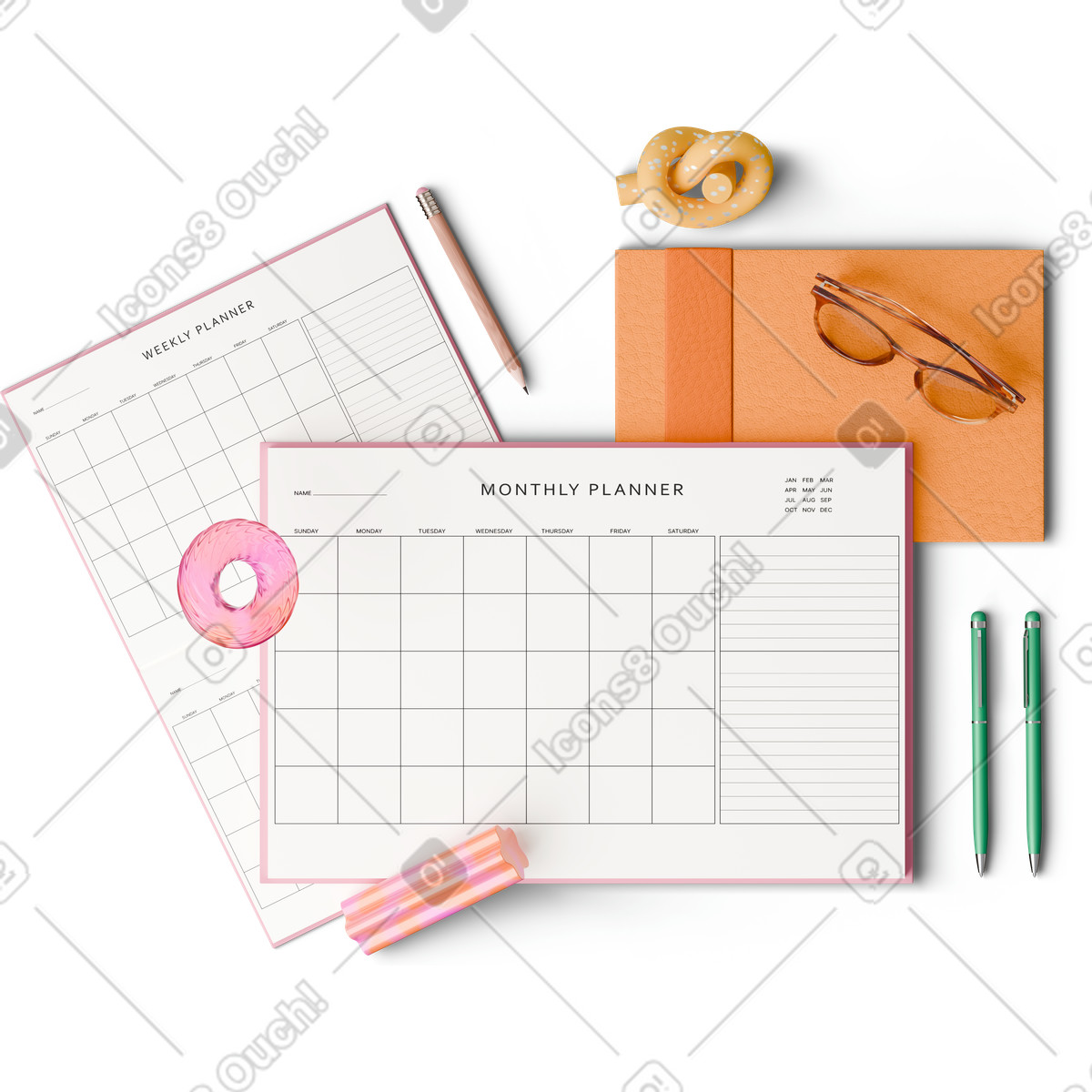 Ilustración Top view of planners notebook glasses and pens en estilo 3D Hygge a descargar en PNG y SVG