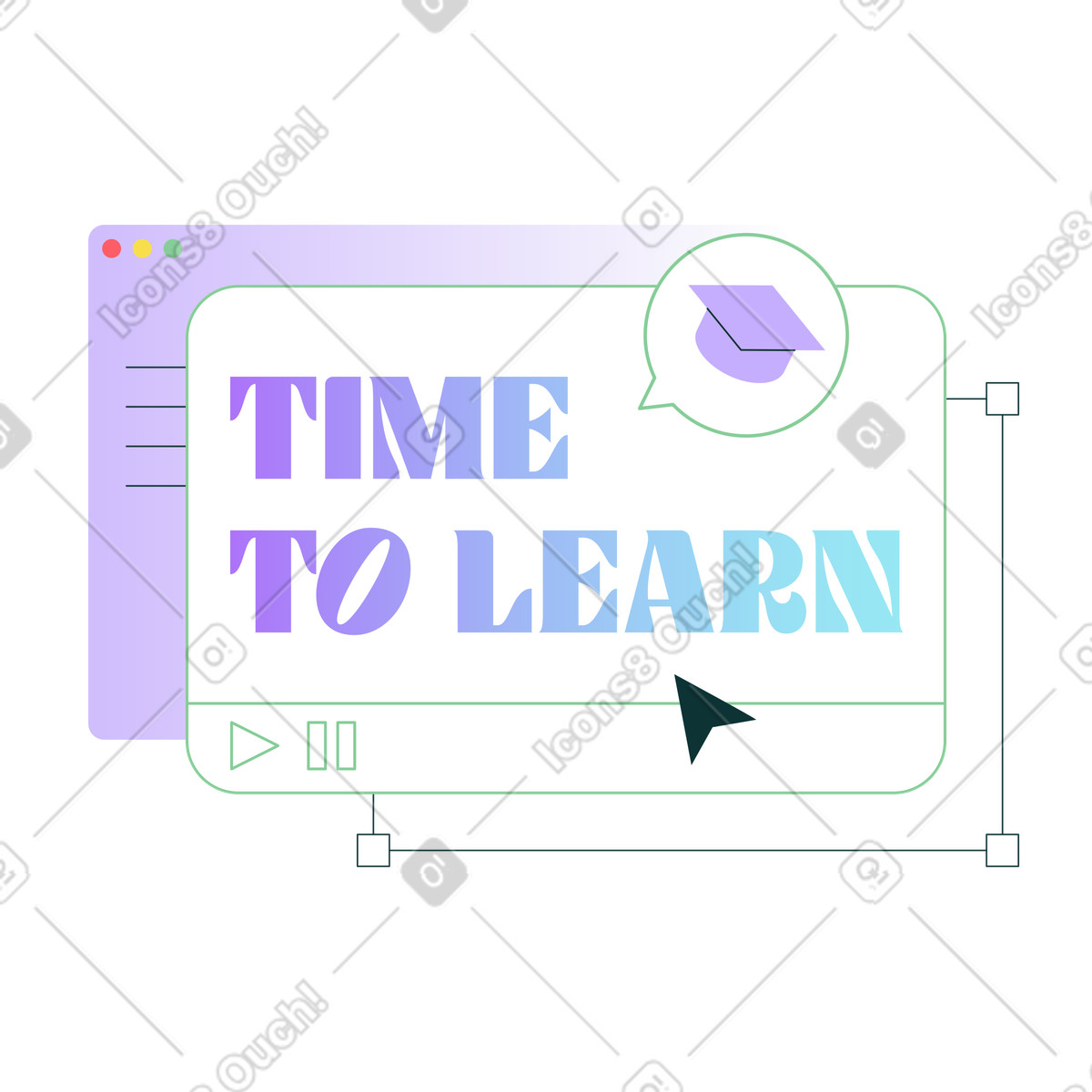 Time to learn message on screen, E-learning and virtual classroom illustration in Florid style download in PNG, SVG