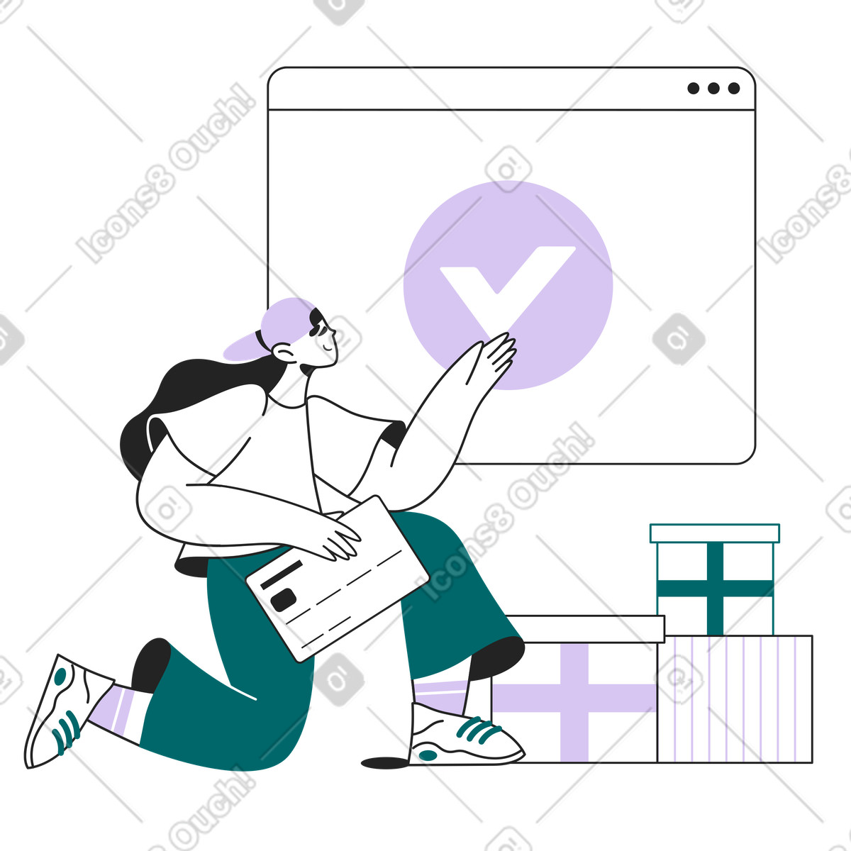 Customer confirming payment with credit card and packages, Successful digital retail transaction-Illustration im Sammy Line-Stil als Download in PNG, SVG