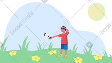 Boy shoots a slingshot in the meadow PNG, SVG