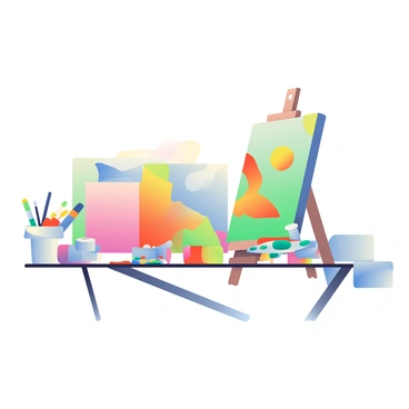 An artist's table is cluttered with various paint tubes in bright colors, some open and others closed, spilling paint onto the surface. Several paintbrushes of different sizes are scattered around, some resting in a small container and others lying flat on the table. Multiple canvases in different sizes are propped against the edge of the table, some blank and others showcasing vibrant, unfinished artwork. A small palette with mixed paint colors is placed nearby, and there is a roll of paper towels beside it, ready for use. The scene is filled with a sense of preparation for an upcoming creative session.