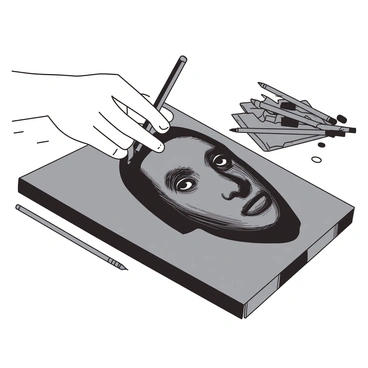 A white hand of an artist is positioned above a gray canvas, demonstrating the hatching technique. The hand is holding a charcoal pencil, which is in contact with the surface of the portrait being shaded. The portrait features a face with distinct features, showing the intricate lines and texture created by the hatching. Various shades are emerging from the pencil strokes, illustrating the depth and dimension of the facial structure. In the background, there is a small stack of art supplies, including additional pencils and erasers, arranged neatly on a wooden table.