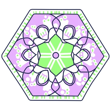 A large kaleidoscope is positioned centrally, showcasing numerous hexagonal shapes. Each hexagon is filled with continuously changing patterns resembling DNA structures. The DNA strands twist and turn dynamically, displaying distinct double helix forms. The background is filled with abstract representations of molecular structures that contribute to the intricate design. The edges of the kaleidoscope have a repeating pattern that enhances the visual complexity, making the entire scene appear mesmerizing and vibrant.