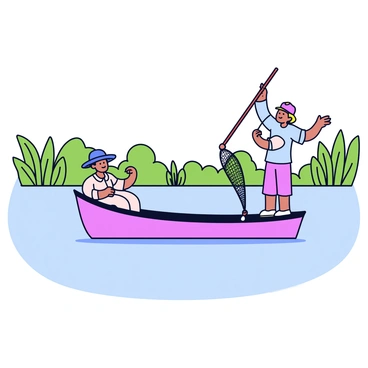 A small fishing boat floats gently on the surface of the Nile River. Two fishermen are inside the boat, focused on their task. One fisherman stands at the bow, casting a large net into the water with one hand, while the other fisherman sits at the stern, watching closely. The water is calm, reflecting the soft colors of the sky. Lush green plants and trees line the riverbanks in the background. The scene captures the essence of a fishing day on the Nile.