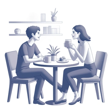Two friends are seated at a small round table in a cozy café. One friend is leaning slightly forward, with a smile, actively engaging in the conversation. The other friend is listening attentively, holding a mug of coffee with both hands. The table has a couple of small pastries on a plate, and there are potted plants in the background. Soft, warm lighting illuminates the scene, creating an inviting atmosphere. There are also books and a few decorative elements on the nearby shelves.