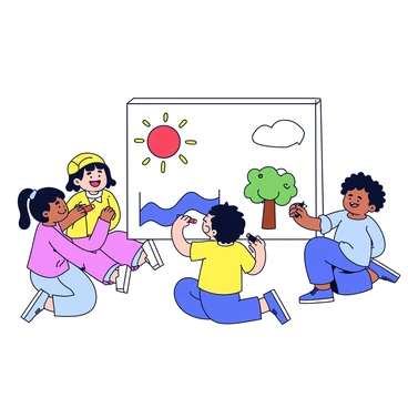 A group of children sitting on the ground around a large white canvas. Each child is using vibrant, colored markers to create illustrations. One child is drawing a bright red sun with rays extending outward. Another child is sketching a green tree with a brown trunk. A third child is adding blue waves to represent the ocean. The canvas is filled with a variety of colors and shapes, showcasing the children's creativity and joy. Laughter and excitement can be seen on their faces as they collaborate on their artwork.