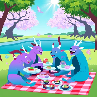 A family of oni with colorful skin tones, featuring intricate horns and sharp teeth, is gathered on a checkered picnic blanket. The oni are sharing a variety of traditional Japanese dishes, such as sushi and bento boxes, displayed on lacquered plates. Sunlight filters through the lush green trees above, creating dappled shadows on the grass. The park is filled with blooming cherry blossom trees surrounding the area, adding a touch of pink to the scenery. In the background, a serene pond reflects the clear blue sky, while a few butterflies and birds flit about. The oni are smiling and exchanging stories, creating an atmosphere of joy and camaraderie.