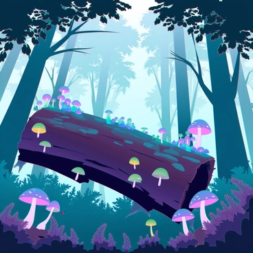 A dense forest illuminated by soft, dappled light filtering through the canopy. In the center, a large, fallen tree trunk lies on the forest floor, its surface covered with vibrant, colorful mushrooms in various shapes and sizes. Around it, clusters of blooming wildflowers in shades of purple, yellow, and white spring up, their petals open to the light. The background reveals tall trees with rich green foliage and ferns that add to the lush setting. Small insects can be seen buzzing around, contributing to the vibrant ecosystem thriving on the fallen tree.