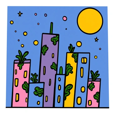 A vibrant city skyline with tall buildings of various shapes and sizes, illuminated by bright lights. The sky is a deep blue, sprinkled with twinkling stars. Magical elements include floating orbs of light hovering around the buildings and glowing plants climbing up the sides of a skyscraper. A large full moon casts a soft glow over the scene, enhancing the sense of wonder and enchantment in the urban landscape.