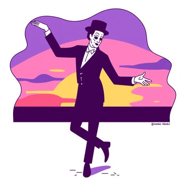A solitary mime dressed in a classic black and white outfit is performing on a stage. The mime's face is painted in white with expressive black accents, enhancing their dramatic gestures. The sunset sky is filled with vibrant hues, creating a backdrop of {color_1} and {color_2} that reflects the mime's movements. The ground beneath the mime is a light color, contrasting with the colorful sky above. Small shadows are cast by the mime's gestures, adding depth to the scene.