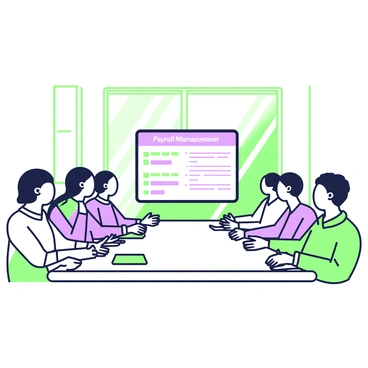 A workshop setting filled with employees who are attentively taking notes. In the center, there is a long table covered with notepads, pens, and documents related to payroll management. Several employees are seated around the table, some leaning forward to listen intently while others are writing in their notepads. In the background, a large screen displays a presentation with charts and bullet points related to payroll management tips. The atmosphere is focused and engaged, with sunlight streaming through windows illuminating the room.
