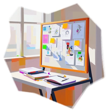A bulletin board filled with various job postings for "scientific illustrators" is prominently displayed in a well-lit office space. The board is covered with colorful flyers and papers, each showcasing different opportunities, some featuring sketches or illustrations related to science. There are pinned notices with images of plants, animals, and anatomical drawings. A wooden frame surrounds the bulletin board, and there are pushpins in various colors holding the papers in place. In the background, a few desks with art supplies and books can be seen, adding to the creative atmosphere.