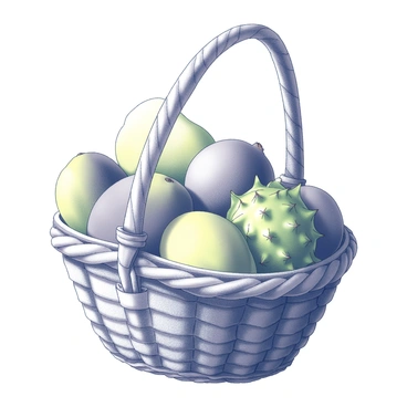 A basket filled to the brim with tropical fruits. The basket is woven with intricate patterns and has a sturdy handle. Inside, there are several mangoes with smooth skin, a papaya with a large, oval shape, and a vibrant dragon fruit with its distinctive spiky green scales. The fruits are arranged in a way that highlights their unique shapes and textures. The basket is placed on a textured surface that complements its rich contents.