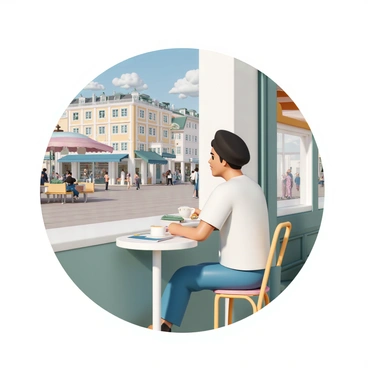 An artist, wearing a black beret, a white shirt, and blue jeans, is seated at a small round table outside a café. The table is adorned with a steaming cup of coffee and an open sketchbook. The artist is focused on sketching "famous landmarks" in the distance, with their pencil in hand and a look of concentration on their face. Surrounding the café are "historic architecture" and "vibrant street life," showcasing a blend of people walking by and outdoor seating. The scene captures the essence of a lively urban atmosphere.