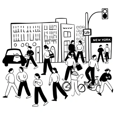 A busy New York street corner filled with people from various backgrounds engaged in different activities. Men and women are walking briskly, some carrying shopping bags while others are talking on their phones. A street vendor is selling hot dogs from a cart, surrounded by a small group of customers. Bicycles are leaning against a lamppost, and a taxi cab is waiting at the curb. Tall buildings rise in the background, and a traffic light hangs overhead. "Welcome to New York" is displayed on a nearby sign.