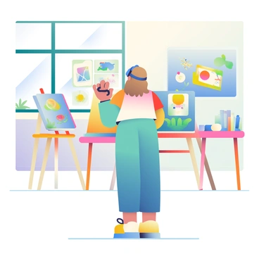 A student with light brown hair is wearing a virtual reality headset while standing in a modern classroom setting. The student is using hand controllers to interact with a digital canvas in front of them. Various colorful 3D shapes and designs are floating around the student, showcasing their artwork in virtual space. The classroom is equipped with large windows letting in natural light, and there are several easels and art supplies arranged neatly around the room. A wall-mounted screen displays examples of digital art, providing inspiration for the students. The atmosphere is filled with creativity and technological innovation.