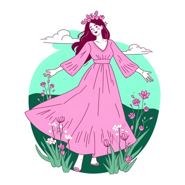 A pink free-spirited woman is wearing a flowing bohemian dress adorned with floral patterns and lace. Her long hair is styled in loose waves, and she has a floral crown on her head. She stands in a vibrant green meadow filled with wildflowers, with her arms outstretched as if embracing the nature around her. In the background, there is a soft teal sky, suggesting a calm atmosphere. A few fluffy white clouds drift lazily, completing the serene natural setting.
