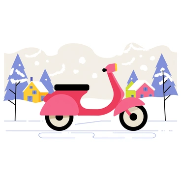 A big moped navigating through a snowy street, leaving tracks behind