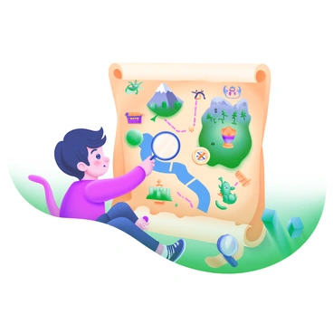 A child exploring a large treasure map with landmarks and clues illustrated playfully.