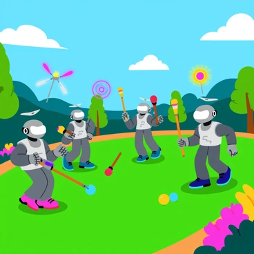 A group of sleek, metallic robots of various designs is engaged in a game of croquet on a vibrant green lawn within a high-tech garden. The robots have smooth, rounded bodies with glowing accents and intricate circuitry patterns visible on their surfaces. They are holding colorful croquet mallets, each mallet featuring a different bright hue like blue, red, and yellow. 

The garden is filled with high-tech flora, including glowing flowers with luminous petals and geometric-shaped trees with metallic trunks. In the background, there are futuristic decorations such as floating holographic displays and mechanical wind chimes. The sky above is a vivid blue, dotted with fluffy white clouds, creating a lively atmosphere that enhances the playful scene.