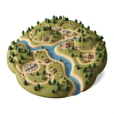 A hand-drawn map depicting a landscape of rolling hills and dense forests. The map features a river running through the center, with winding paths connecting various locations. Scattered across the map are miniature soldiers, depicted in various poses, engaged in strategic positions for an ancient battle. Some soldiers are seen advancing towards a hilltop, while others are taking cover behind trees and rocks. Symbols indicating fortifications and terrain types are illustrated throughout the map, enhancing the layout of the battlefield. The overall aesthetic is detailed, with careful attention to the arrangement of soldiers and the topographical features of the landscape.