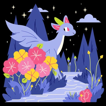A mythical creature with iridescent scales and large, feathered wings is partially hidden in the shadows. The creature has glowing eyes that peek out from behind a cluster of vibrant, oversized flowers. Surrounding the creature is a mystical landscape filled with towering trees, bioluminescent plants, and a softly flowing river that reflects the moonlight. The sky above is dotted with sparkling stars and wispy clouds.