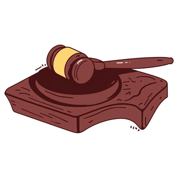 A close-up of a brown judge's gavel resting on a polished dark wood bench. The gavel is positioned at an angle, showcasing its smooth, rounded head and the intricately carved handle. The rich grain of the wooden bench provides a contrasting texture, with visible knots and lines enhancing the detail. Soft shadows are cast around the gavel, emphasizing its presence against the sturdy surface.