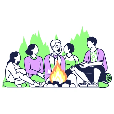 Nelson Mandela is sitting comfortably on a log, surrounded by a group of people who are gathered closely around a crackling fire. He is wearing a patterned shirt, and his expression is animated as he tells stories. The people around him have a mix of attentive and joyful expressions, with some sitting on the ground and others on stones. The fire casts flickering light on their faces, illuminating their features in the warm glow. In the background, there are silhouettes of trees, creating a natural setting that enhances the intimate atmosphere of storytelling.