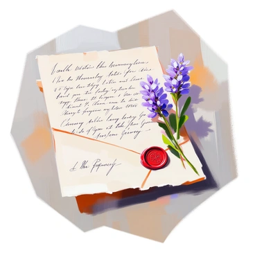 A Victorian letter featuring ornate calligraphy written on textured, cream-colored paper. The letter is adorned with a delicate pressed flower, which is secured to the paper with a deep red wax seal, imprinted with an intricate design. The edges of the letter are slightly frayed, giving it an authentic, vintage appearance. The flower is a vibrant shade of lavender, its petals preserved in a natural pose, contrasting beautifully with the muted tones of the paper. A faint shadow indicates the letter is resting on a wooden surface, adding depth to the composition.
