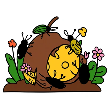 A group of various-sized beetles, including shiny black ones and colorful speckled types, working together around a large, half-decayed fruit in a lush garden. The fruit is a vibrant mix of brown and mushy yellow colors, with visible signs of decomposition. The beetles are actively climbing on and around the fruit, some digging into it while others are helping to push pieces away. Surrounding them are green leaves, bright flowers, and patches of brown soil, creating a lively and dynamic scene in the garden.