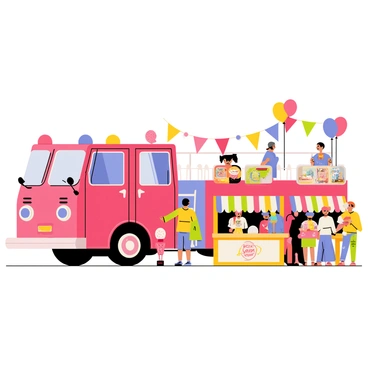 A bright red fire truck with shiny chrome details is stationed prominently at a lively summer festival. The truck has its ladder extended and colorful decorations are adorning its exterior. Surrounding the fire truck are various food stalls with striped awnings offering a variety of treats. There are stalls selling popcorn, cotton candy, and hot dogs, each with vibrant signage that attracts festival-goers. People of different ages are enjoying the festival, some holding food items and others chatting happily. Balloons and colorful banners flutter in the gentle breeze, adding to the festive atmosphere.