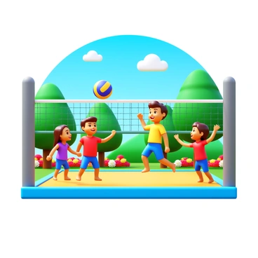 A 3D scene featuring children playing volleyball in a neighborhood park. There are four children, two on each team, engaged in a lively game. One child is jumping to spike the ball over the net, while another is ready to receive it. The volleyball net stands tall in the center of the scene, with a bright, colorful ball in the air. Surrounding the court, there are green trees and colorful flower beds, enhancing the park's vibrant atmosphere. In the background, a clear blue sky fills the scene, with a few fluffy white clouds. The children are wearing bright sportswear, and their joyful expressions reflect their excitement in playing the game.