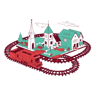 A red miniature train set is running on tracks that wind through a small, detailed model town. The town features various buildings, including a white town hall with a clock tower and teal houses with colorful roofs. There are tiny figures walking along the sidewalks and a small park area with benches and trees. The train is pulling several small colorful cars as it chugs around the town, with little puffs of smoke billowing from its chimney.