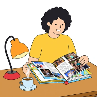 A person with medium skin and curly black hair is sitting at a wooden table, flipping through a colorful scrapbook filled with printed social media posts and photos. The scrapbook has a bright and cheerful cover, decorated with fun patterns. The pages of the scrapbook are filled with vibrant pictures of friends and family at various events, accompanied by short captions and decorative stickers. The person has a gentle smile, showing signs of nostalgia as they pause to admire a photo of a birthday celebration. A cozy lamp on the table casts a warm glow, illuminating the scrapbook and creating a comfortable atmosphere. Nearby, there is a steaming cup of tea on the table.