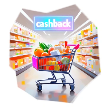 A shopping cart filled with various groceries, including colorful fruits, vegetables, cereal boxes, and a carton of milk. The cart is positioned prominently in the foreground. Above it, a bright "cashback" sign is flashing, featuring bold letters in an eye-catching design. The setting is a grocery store aisle with shelves lined with more products in the background, creating a bustling shopping atmosphere.